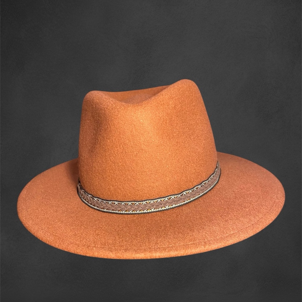 NWT 100% Wool Rusty Western Fedora Hat w/ Woven and Leather Hatband Forever21 OS